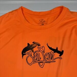 Sea Fear Long Sleeve Performance UPF Shirt Men's L Orange Hammerhead Sharks GUC